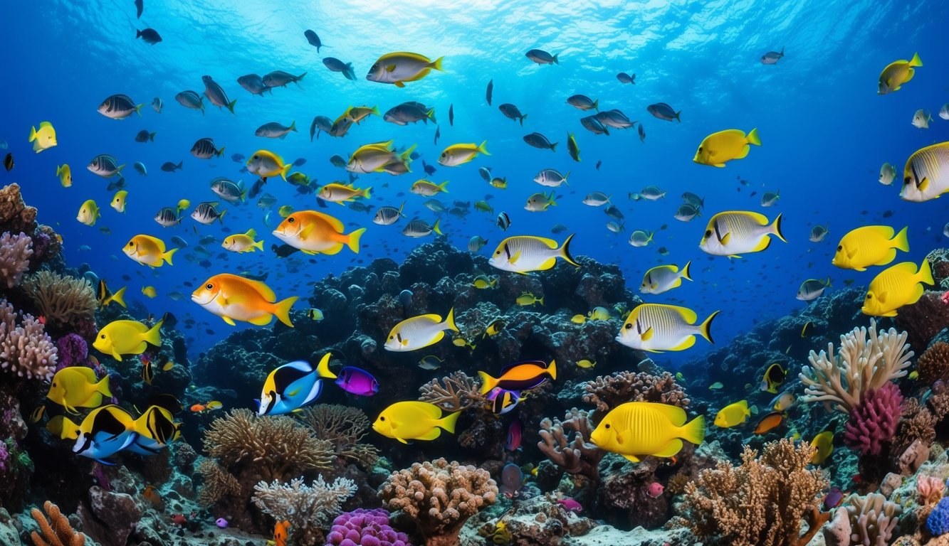 Sebuah dunia bawah laut yang ramai dengan ikan berwarna-warni dan makhluk laut eksotis yang berenang di sekitar terumbu karang yang cerah