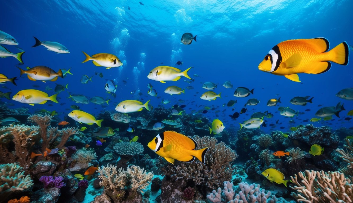 Dunia bawah laut yang berwarna-warni dengan berbagai ikan yang berenang di sekitar terumbu karang