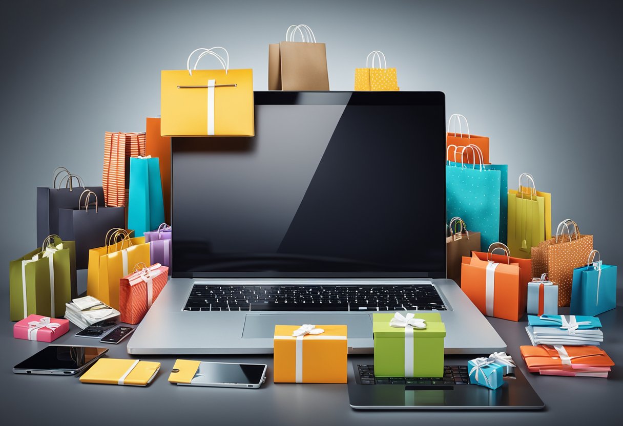 A laptop surrounded by shopping bags, with a bright screen displaying various online deals and discounts