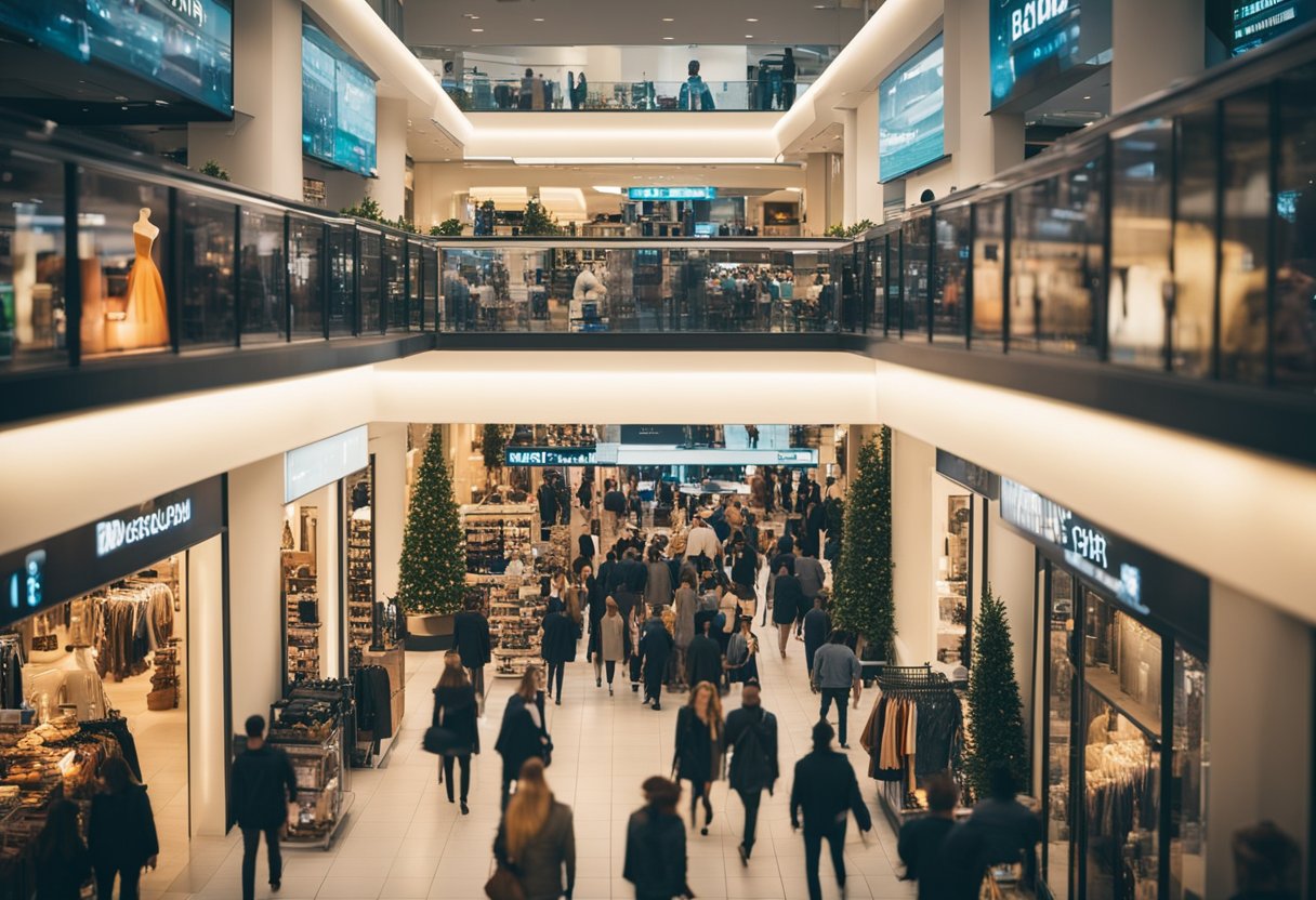A crowded shopping mall with bright sale signs and shoppers browsing through racks of clothing and shelves of discounted items