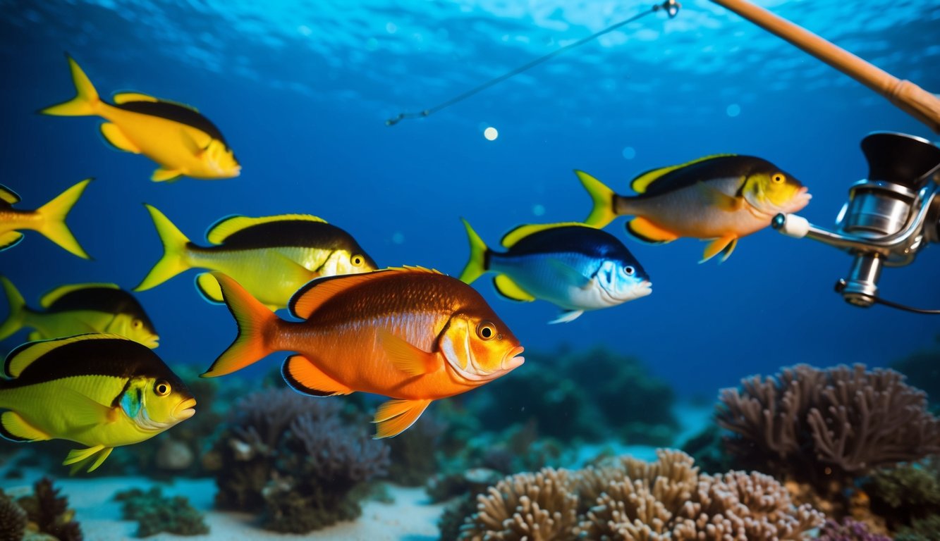 Sekelompok ikan berwarna-warni berenang di dunia bawah air yang penuh warna, dengan sebuah harpun memancing yang mengarah kepada mereka