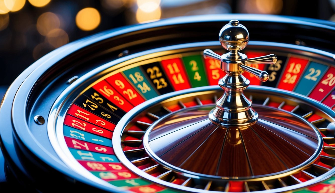 Roda roulette yang berputar dengan slot bernomor berwarna-warni dan bola perak kecil yang mendarat di nomor pemenang