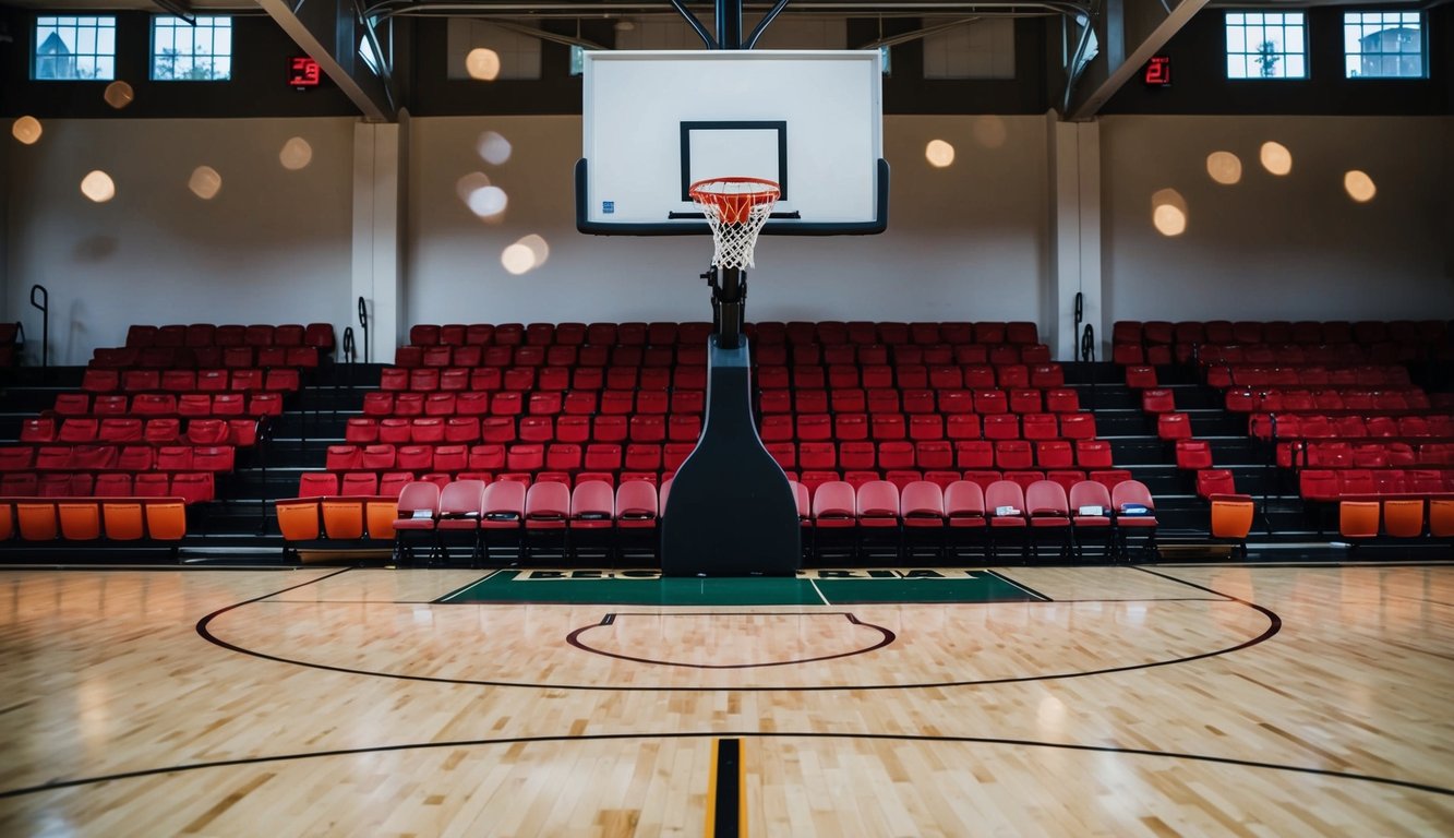 Sebuah lapangan basket dengan ring, papan skor, dan area tempat duduk