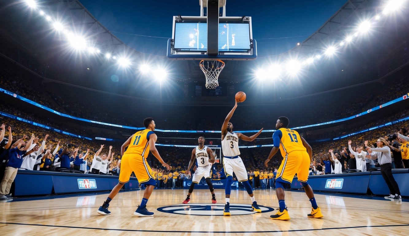 Sebuah lapangan basket dengan dua tim yang bermain, dikelilingi oleh penggemar yang bersorak dan lampu stadion yang terang