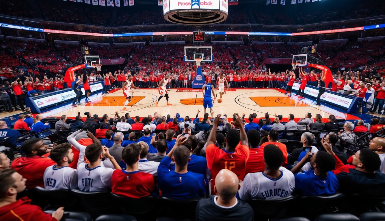 Sebuah pertandingan bola basket di arena yang ramai dengan pemain yang sedang beraksi dan penggemar yang bersorak