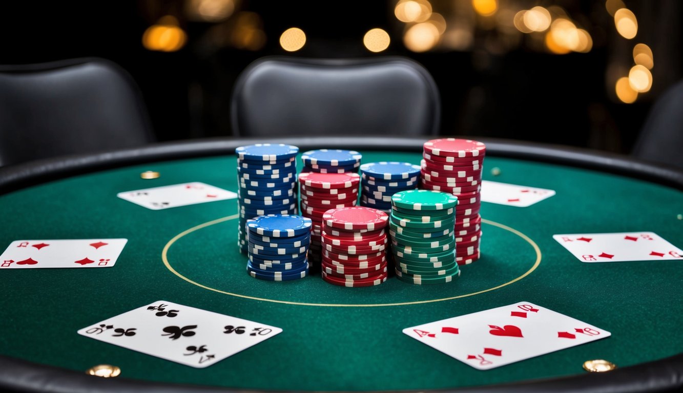 Sekelompok chip poker dan kartu remi yang disusun di atas meja felt hijau, dikelilingi oleh kursi pemain