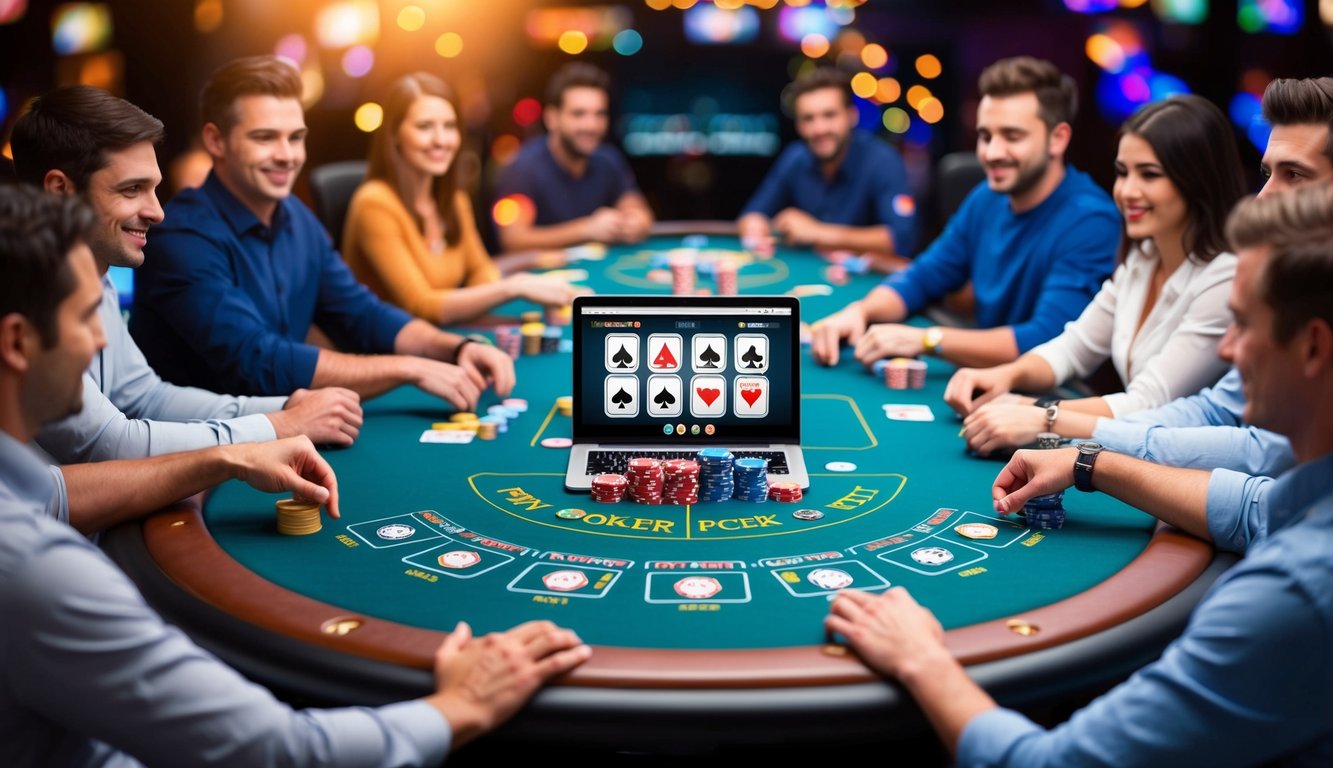 Meja poker online yang hidup dengan chip dan kartu berwarna-warni, dikelilingi oleh pemain yang antusias dalam pengaturan virtual