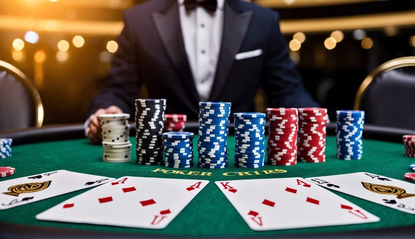 Sekelompok chip poker dan kartu yang disusun di atas meja felt hijau, dengan kursi pemain dan posisi dealer