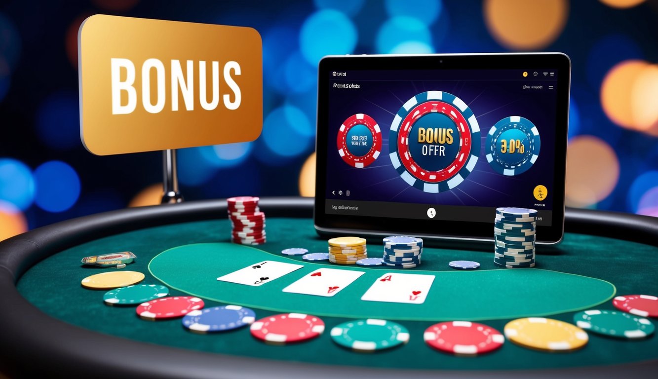 Sebuah meja poker virtual dengan chip dan kartu berwarna-warni, dikelilingi oleh antarmuka digital yang menampilkan tawaran bonus besar