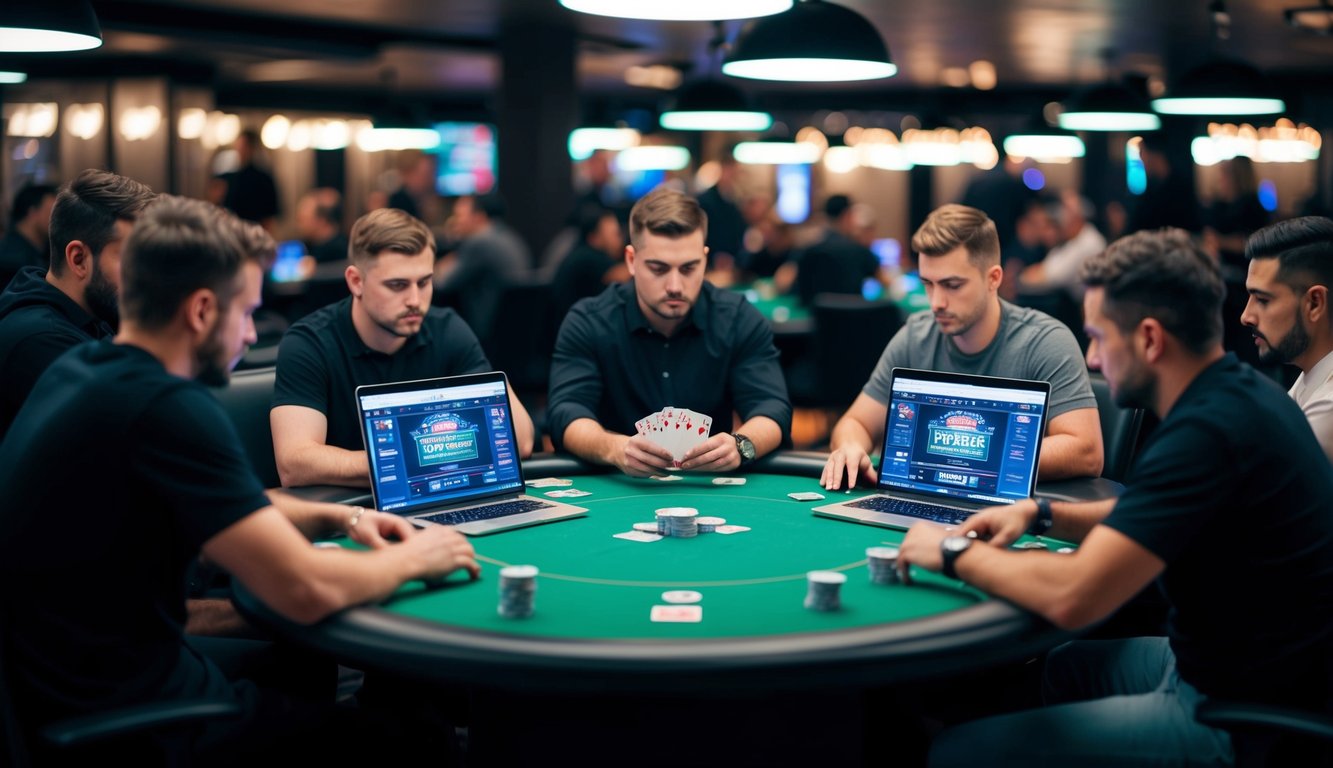 Sekelompok pemain poker berkumpul di sekitar meja virtual, masing-masing fokus pada kartu mereka dan permainan yang berlangsung di layar komputer mereka.