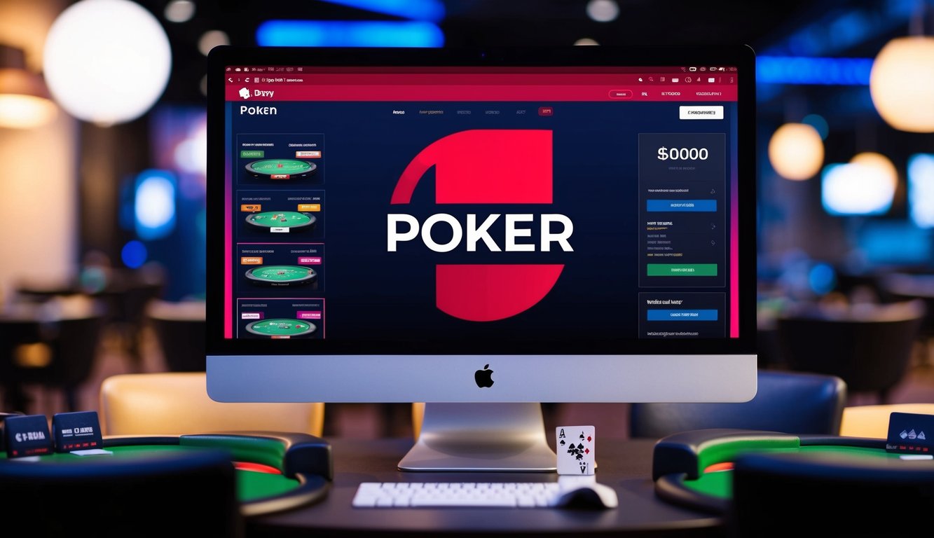 Situs poker online yang modern dan ramping dengan logo yang berani dan antarmuka berwarna-warni. Beberapa meja dan opsi permainan ditampilkan di layar.