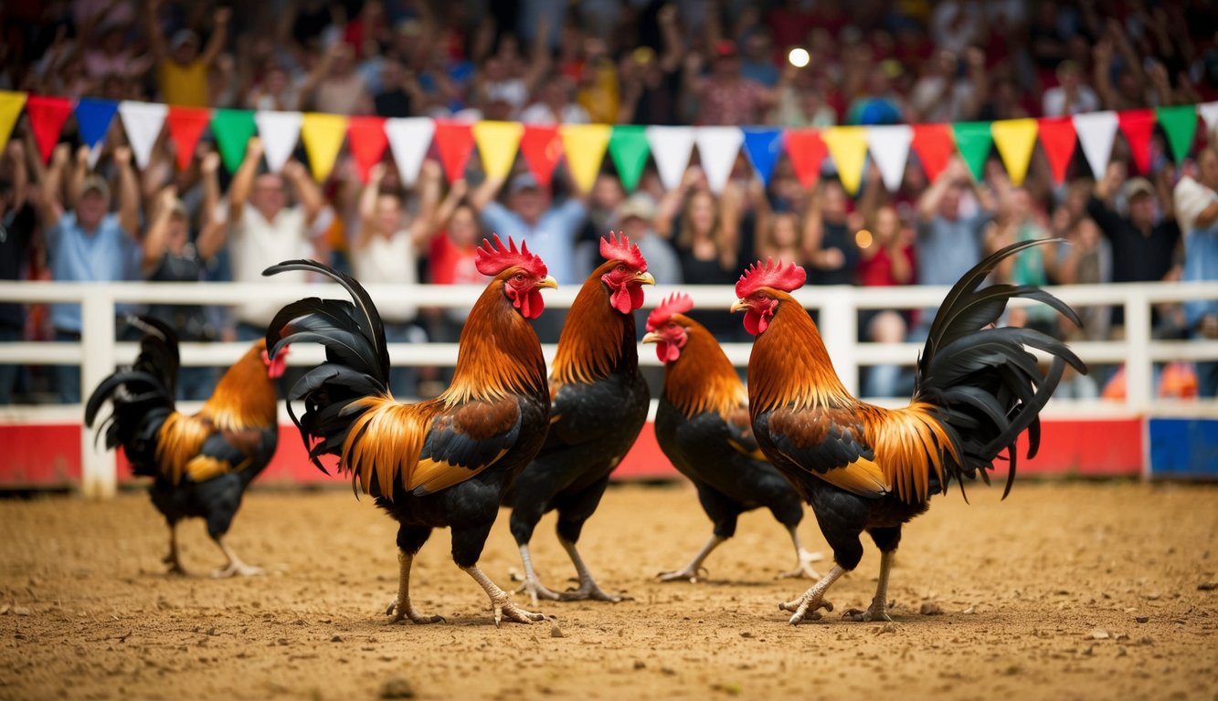 Sebuah arena yang ramai dengan ayam jantan yang bertarung, dikelilingi oleh penonton yang bersorak dan spanduk berwarna-warni