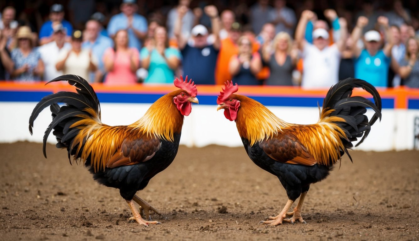 Dua ayam jantan saling berhadapan di sebuah lubang tanah yang dikelilingi oleh penonton yang bersorak.