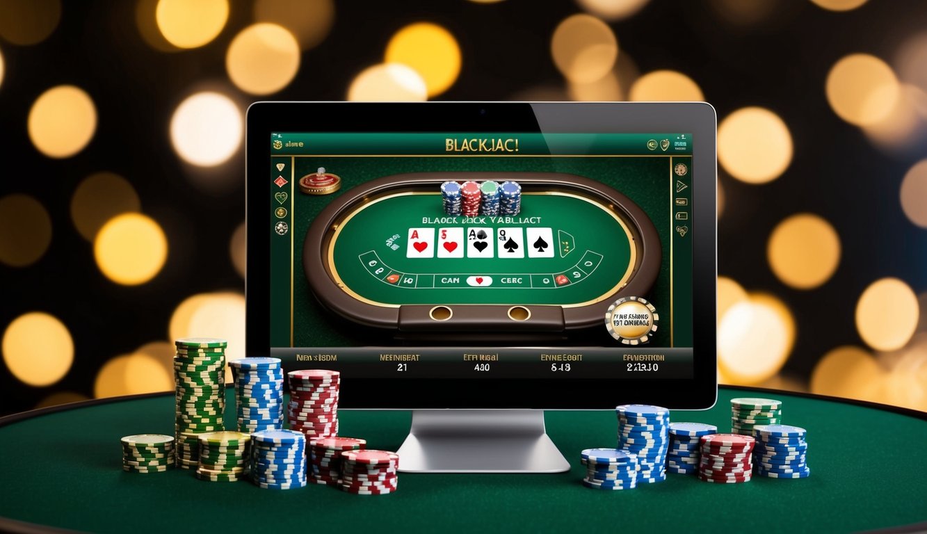 Sebuah layar digital menampilkan meja blackjack virtual dengan chip dan kartu, dikelilingi oleh latar belakang bertema kasino