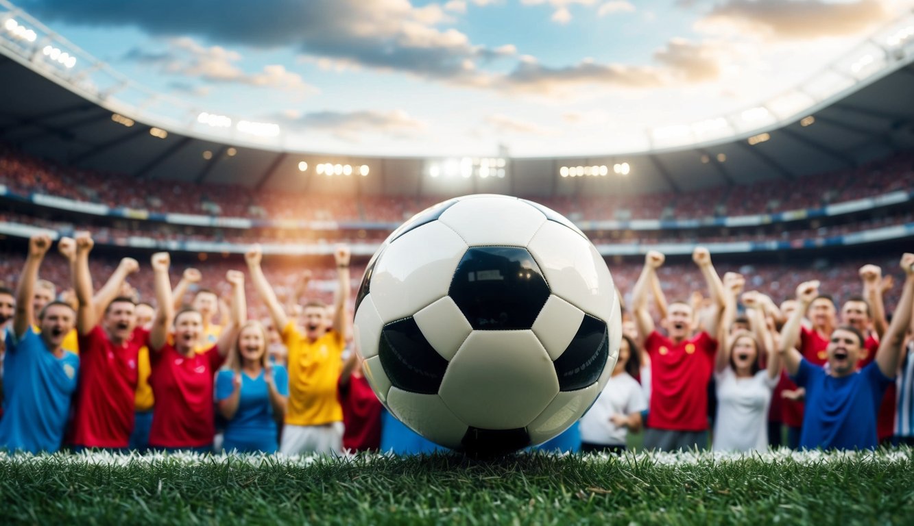 Sebuah bola sepak dikelilingi oleh penggemar yang bersorak di stadion