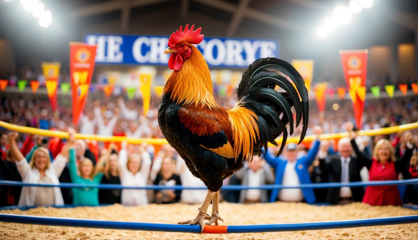 Seekor ayam jantan berdiri dengan bangga di dalam sebuah lingkaran, dikelilingi oleh kerumunan yang bersorak-sorai dan spanduk yang cerah dan berwarna-warni