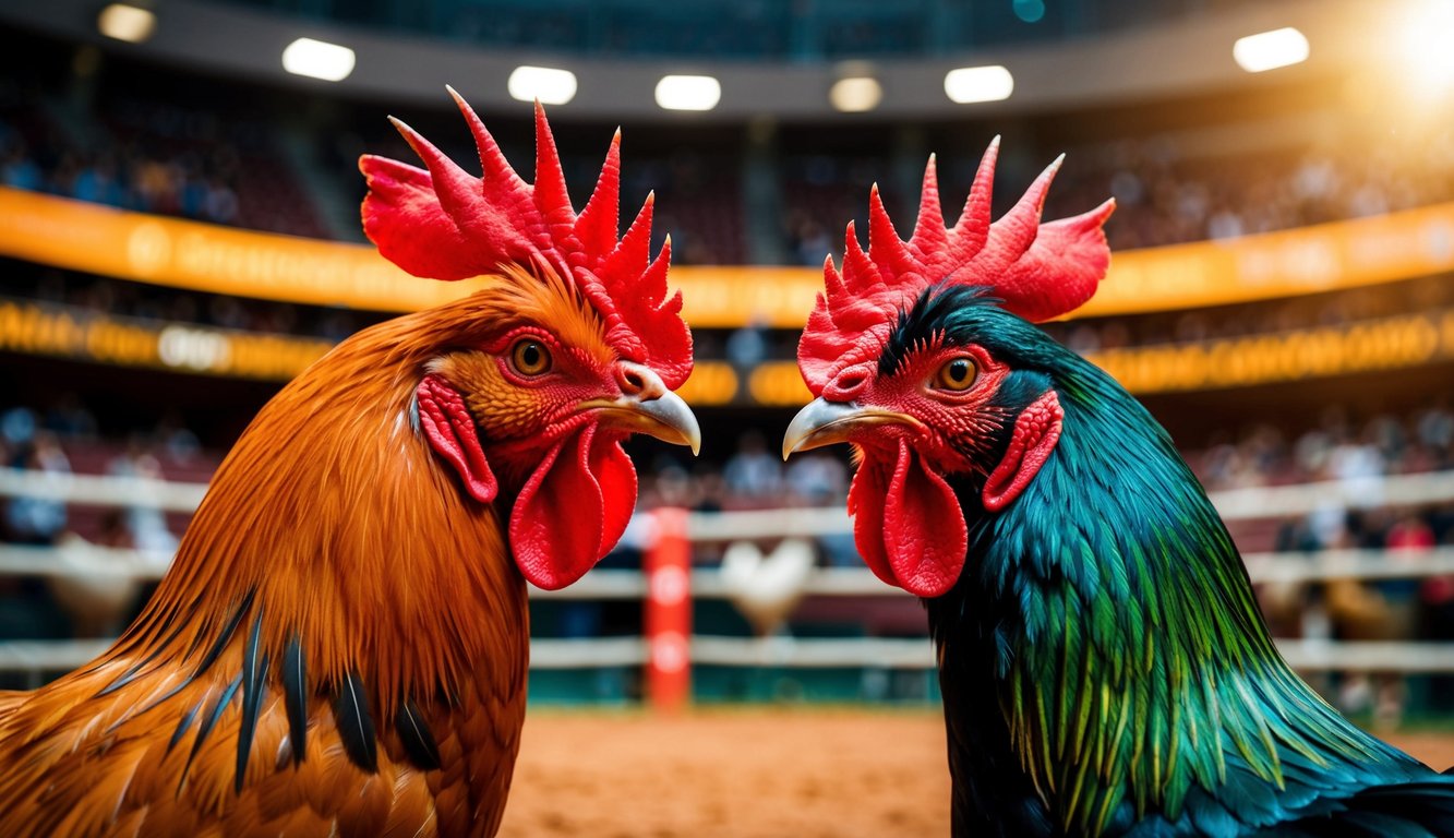 Dua ayam jantan berhadapan di arena sabung ayam online yang ramai dan penuh warna