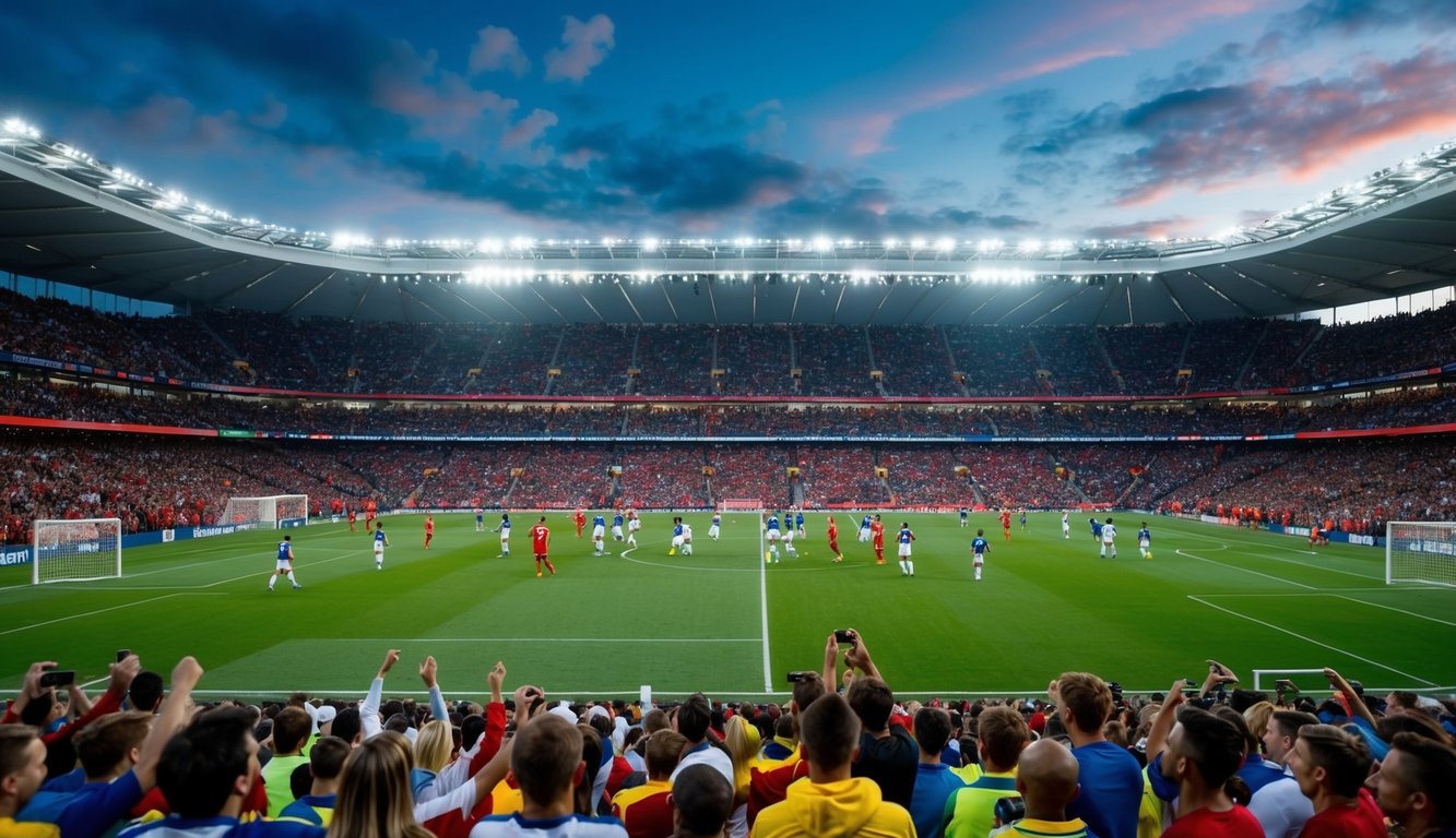 Sebuah stadion sepak bola yang ramai dengan penggemar yang bersorak dan pemain di lapangan