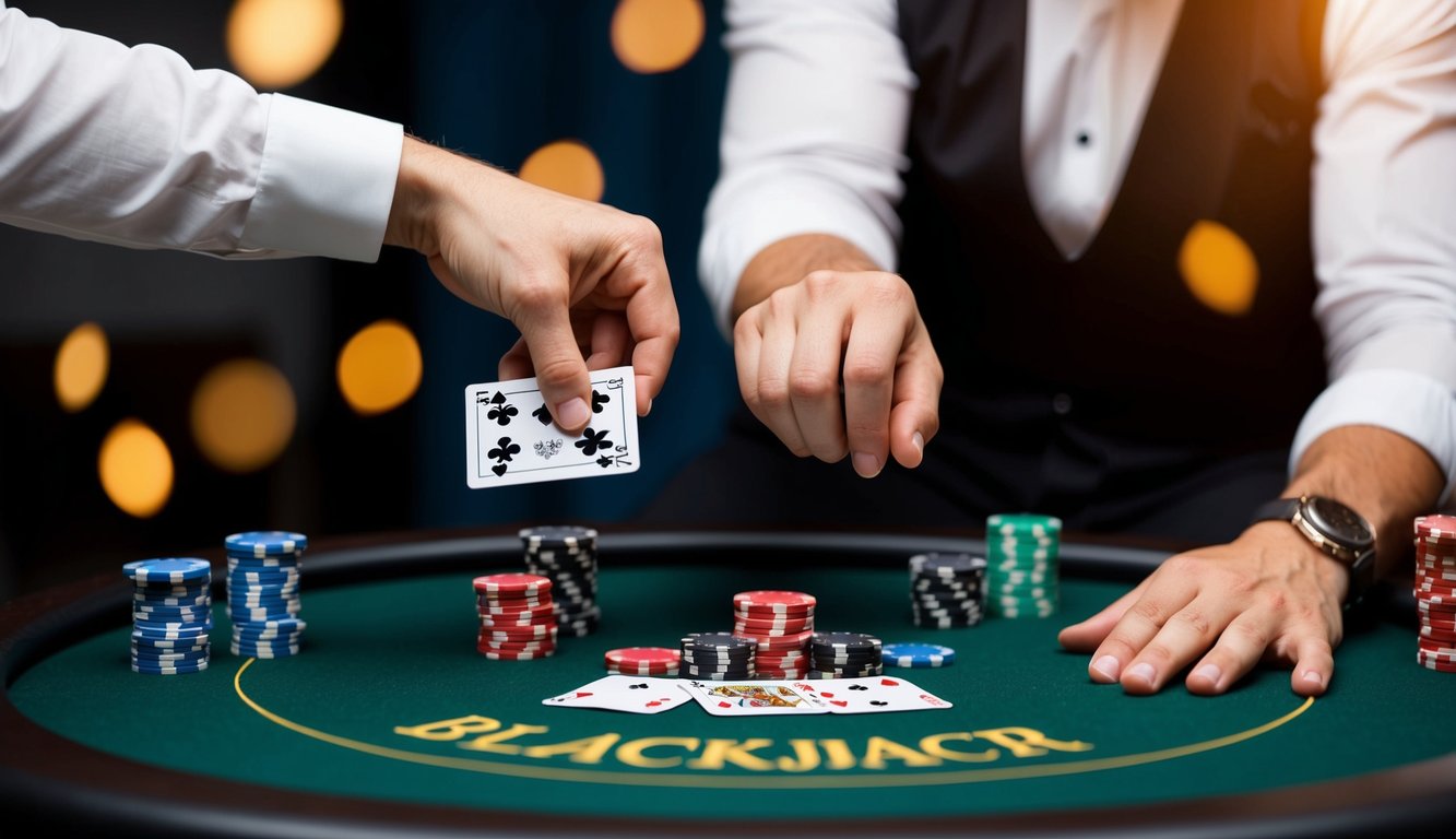 Seorang pemain menang di blackjack online, dikelilingi oleh kartu dan chip di meja virtual