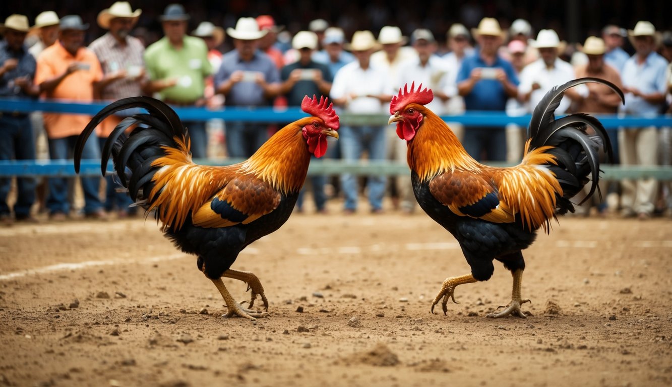 Dua ayam jantan bertarung di arena tanah, dikelilingi oleh kerumunan penonton yang saling bertukar uang