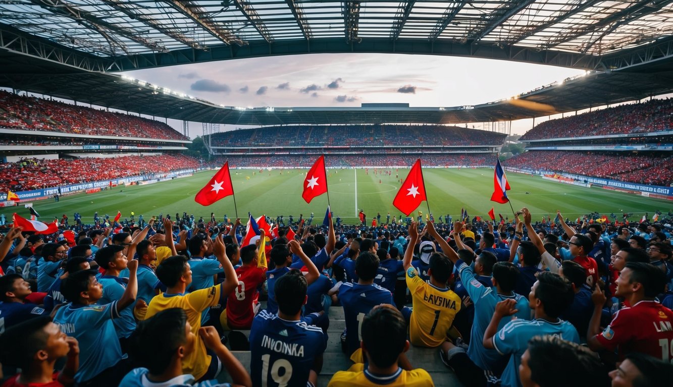 Stadion sepak bola yang ramai di Indonesia, dengan para penggemar bersorak dan melambaikan bendera untuk tim sepak bola resmi