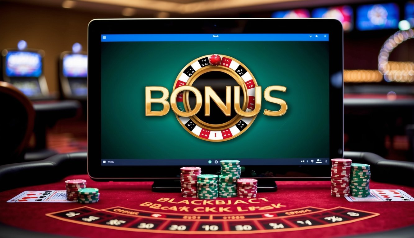 Sebuah meja blackjack virtual dengan bonus besar yang ditampilkan di layar