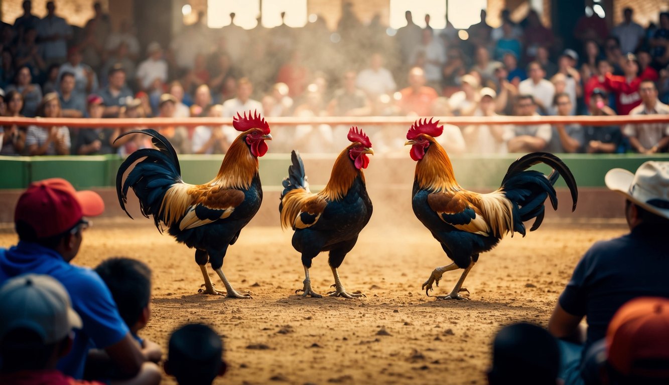 Sebuah arena yang ramai dengan penonton yang bersorak dan dua ayam jantan yang saling berhadapan dalam pertarungan ayam yang sengit