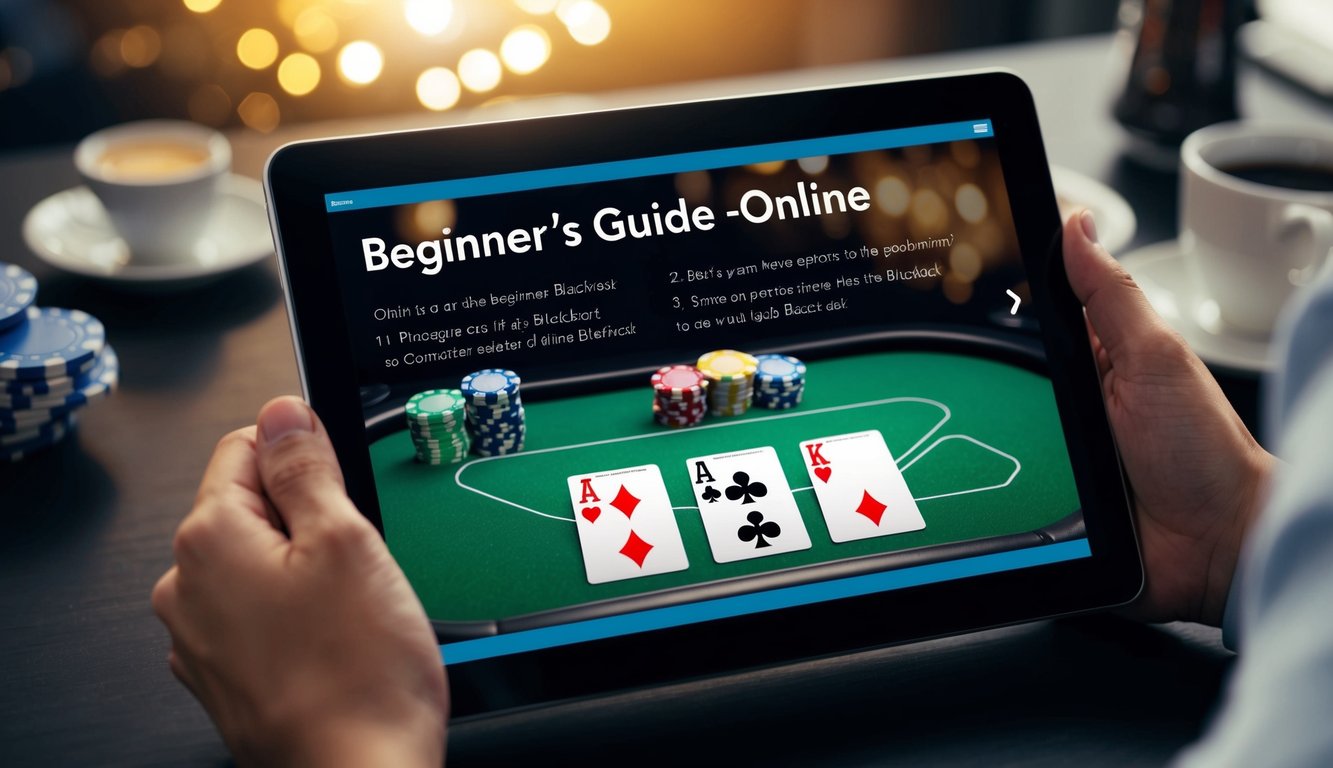 Antarmuka digital yang menampilkan panduan pemula untuk Blackjack online, dengan kartu dan chip di meja virtual