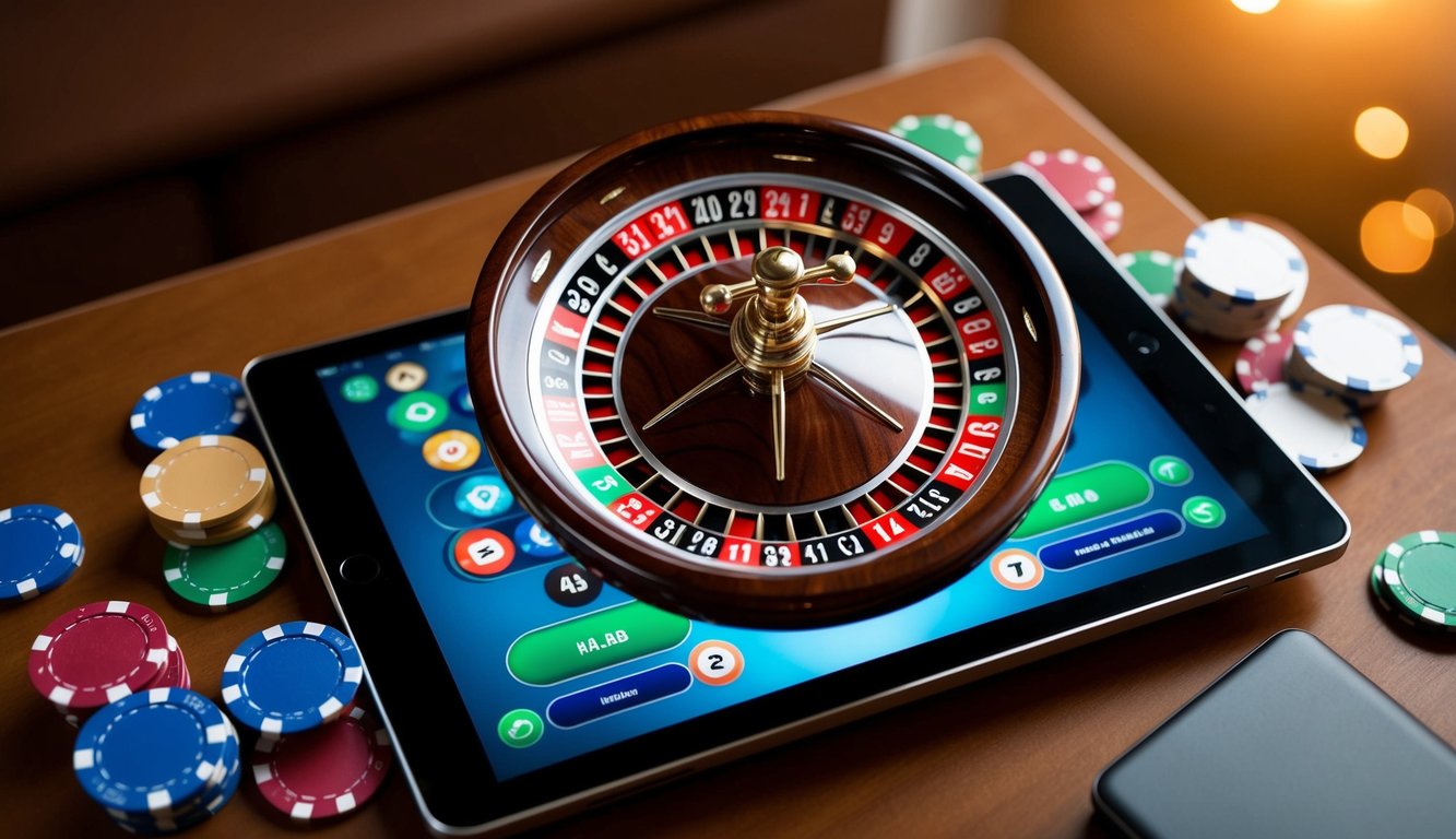 Roda roulette berputar di perangkat digital, dikelilingi oleh chip berwarna-warni dan antarmuka yang ramping serta modern