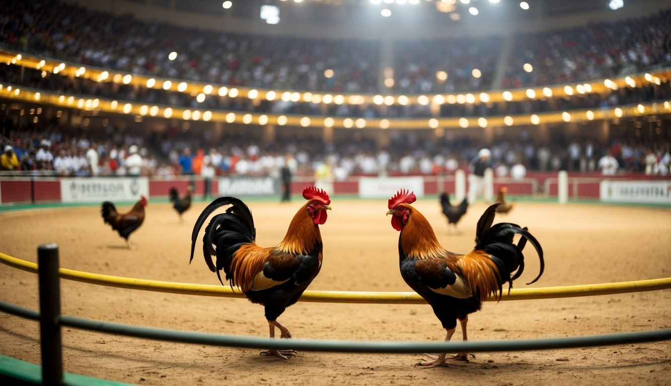 Sebuah arena sabung ayam resmi yang ramai dengan penonton yang bersorak dan dua ayam jantan di tengah ring