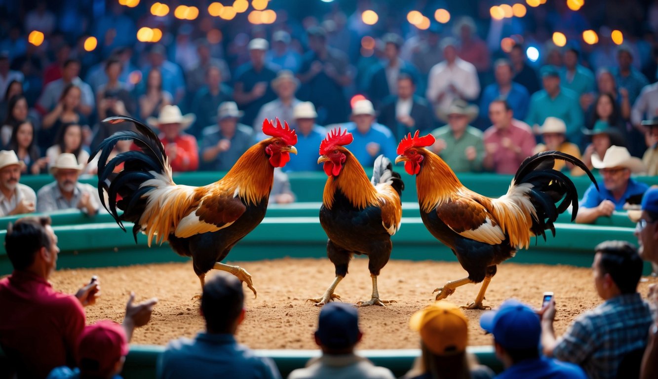 Sebuah arena sabung ayam online yang ramai dengan ayam jantan yang saling berhadapan dalam setting digital, dikelilingi oleh penonton virtual yang bersorak dan memasang taruhan