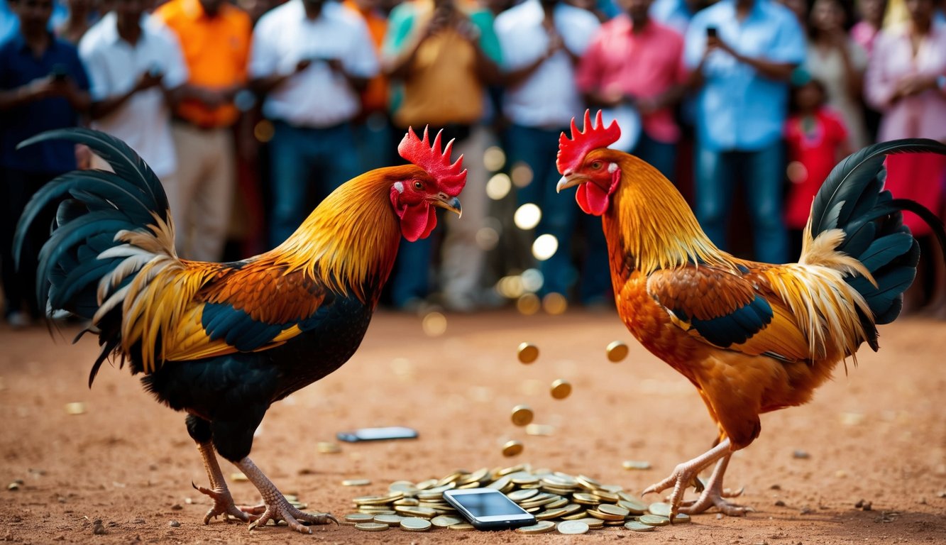 Dua ayam jantan dalam pertarungan sengit, dikelilingi oleh kerumunan penonton, dengan sebuah ponsel dan tumpukan koin di dekatnya