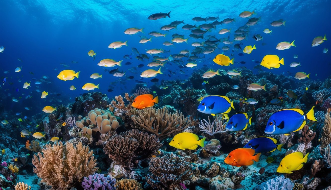 Dunia bawah laut yang ramai dengan makhluk laut berwarna-warni dan berbagai ikan yang berenang di sekitar terumbu karang yang cerah