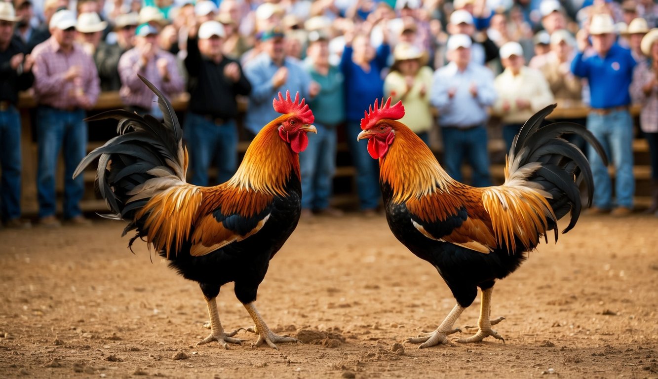 Dua ayam jantan berhadapan di arena tanah, dikelilingi oleh kerumunan penonton yang bersorak dan memasang taruhan