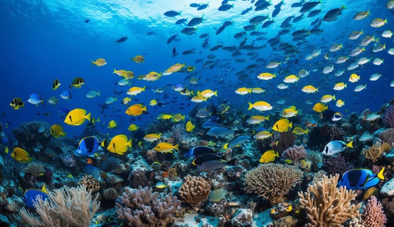 Dunia bawah laut yang ramai dengan ikan berwarna-warni, terumbu karang, dan berbagai makhluk laut