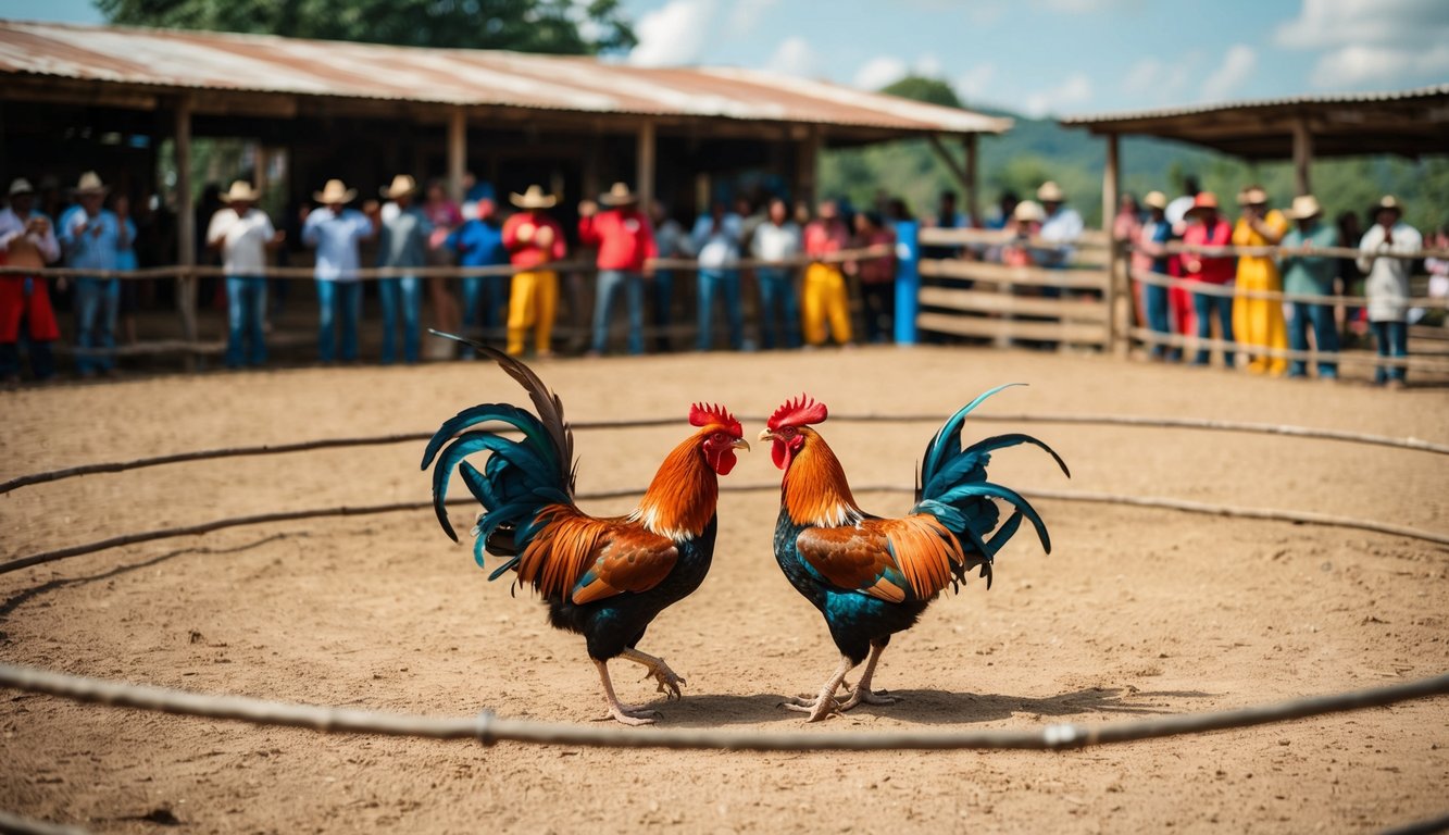 Arena sabung ayam yang terpercaya di lingkungan pedesaan, dengan ayam jantan berwarna-warni saling berhadapan di sebuah ring yang dikelilingi oleh penonton yang bersorak.