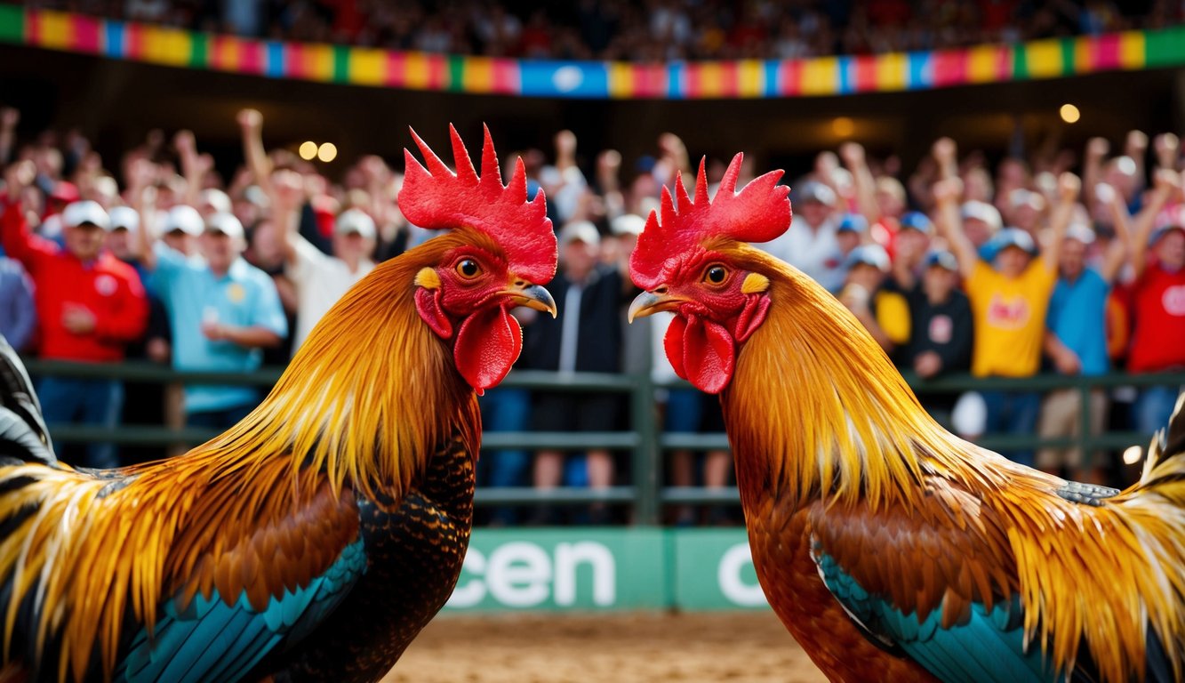 Dua ayam jantan berhadapan di arena yang ramai, dikelilingi oleh penonton yang bersorak dan spanduk berwarna-warni