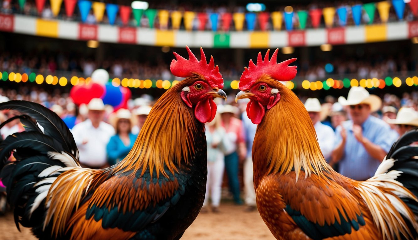 Dua ayam jantan berhadapan di arena luar ruangan yang ramai, dikelilingi oleh penonton yang bersorak dan dekorasi berwarna-warni