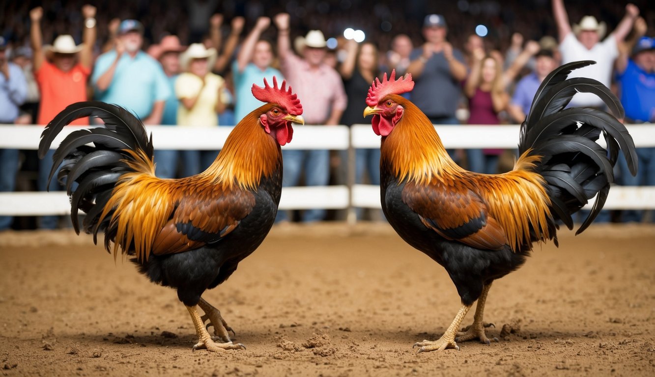 Dua ayam jantan saling berhadapan di arena tanah, bulu-bulu mengembang, siap untuk bertarung. Kerumunan orang bersorak di latar belakang.