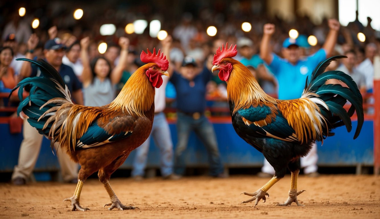 Sebuah arena sabung ayam yang ramai dengan penonton yang bersorak dan dua ayam jantan yang terlibat dalam pertempuran