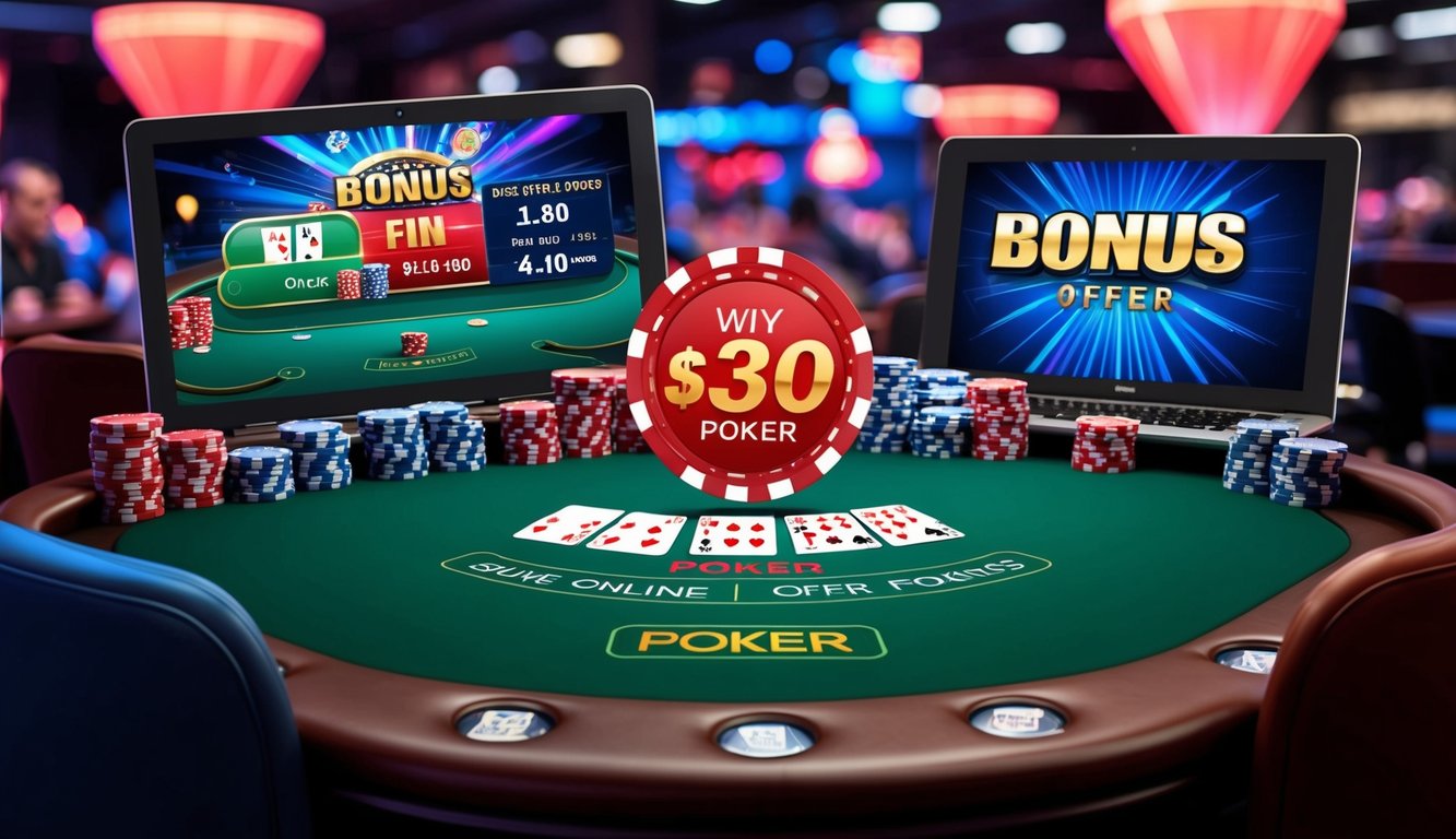 Meja poker online yang ramai dengan grafik yang hidup dan tawaran bonus yang mencolok ditampilkan