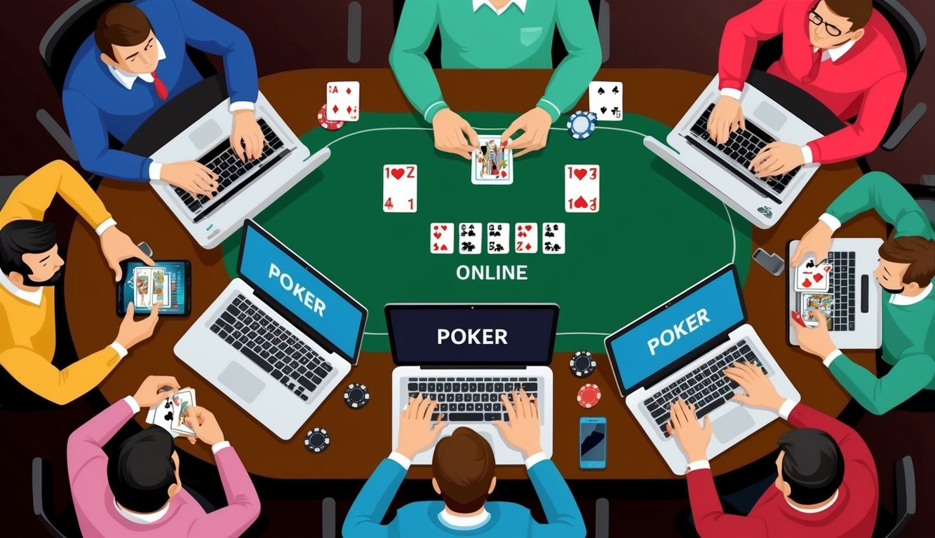 Sekelompok pemula yang belajar bermain poker online, dikelilingi oleh laptop dan kartu