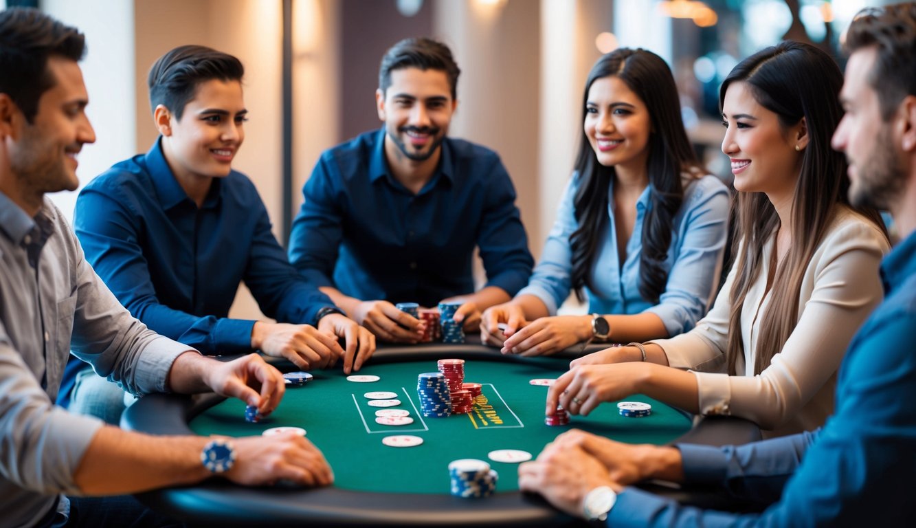 Sekelompok orang duduk di sekitar meja, masing-masing dengan sekumpulan chip poker dan kartu, terlibat dalam permainan poker online