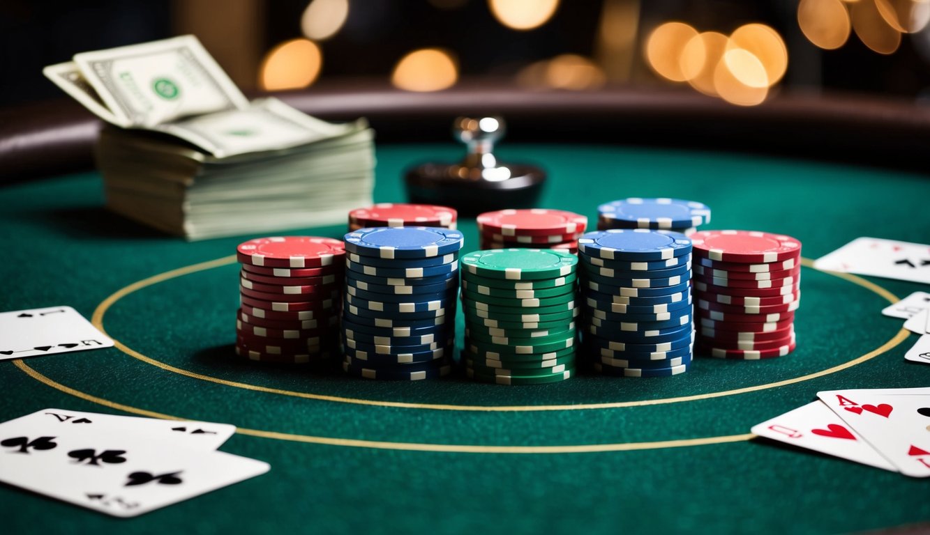 Sekelompok chip poker dan kartu yang disusun di atas meja felt hijau dengan tombol dealer dan tumpukan uang di latar belakang