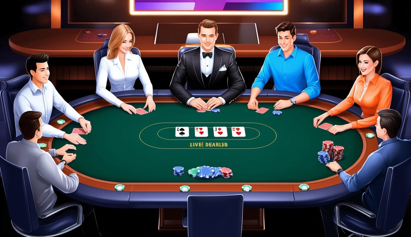 Meja poker dengan dealer langsung, kartu, chip, dan pemain online yang berinteraksi melalui antarmuka digital