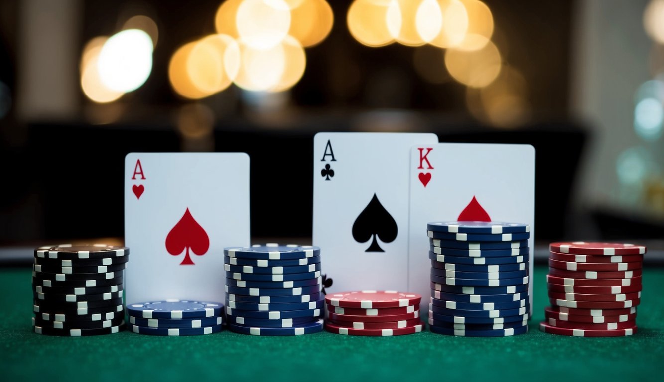 Sekelompok chip poker dan kartu yang disusun di atas meja felt hijau