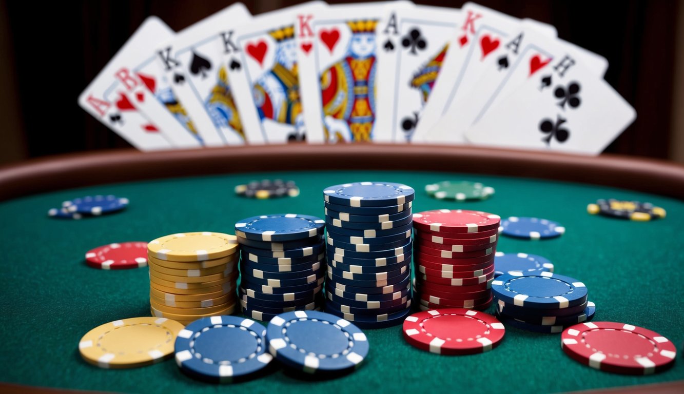 Sekelompok chip poker tersebar di atas meja felt hijau, dengan kartu yang tersebar di latar belakang