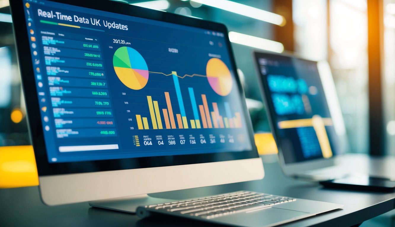 Sebuah layar komputer yang menampilkan pembaruan data secara real-time dengan antarmuka yang ramping dan modern. Warna-warna cerah dan garis-garis tajam menciptakan visual yang dinamis dan menarik.