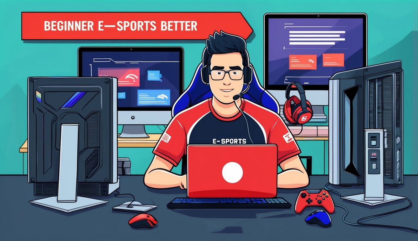 Seorang pemula e-sports yang lebih baik mempelajari panduan online, dikelilingi oleh layar komputer dan peralatan game