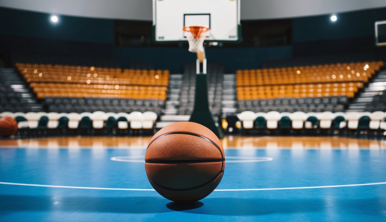 Sebuah lapangan basket dengan ring, bola basket, dan area tempat duduk